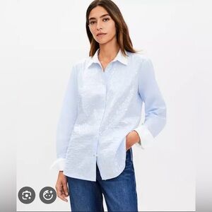 NWT LOFT Light Blue Button-Up Blouse w/ Clear Sequins, White Cuffs & Collar, S